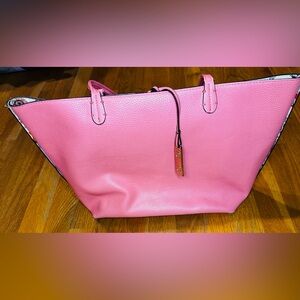 🌸 Pink Pebbled Leather Tote Bag – Floral Interior Reversible Style 🌸
